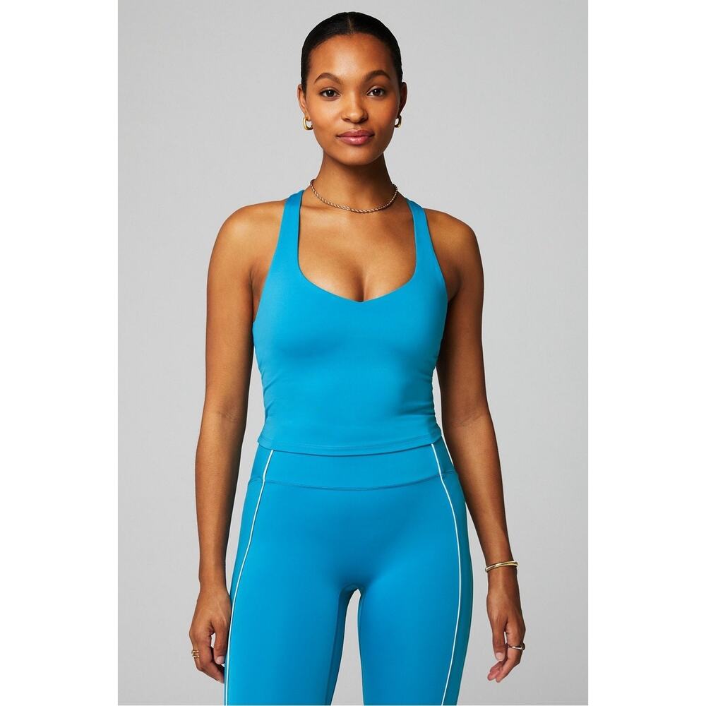 Fabletics Anywhere Cropped Built-In Bra Tank Teal Racerback Small